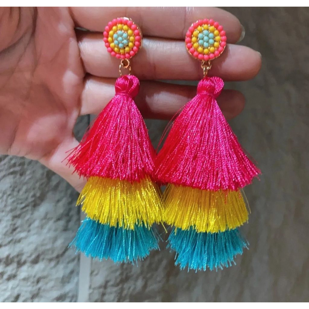 Rainbow Beaded Studs with Rainbow Tassels